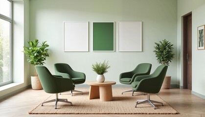Minimalist green interior living room with four stylish chairs and a wooden table surrounded by potted plants, modern concept of interior design or home decor