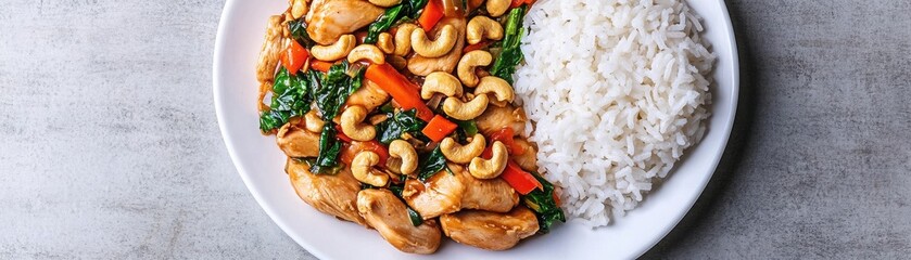 A delicious plate featuring stir-fried chicken with cashews, colorful vegetables, and a serving of fluffy white rice.