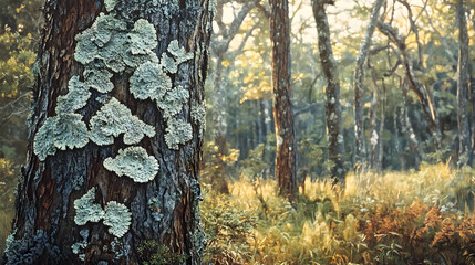 Intricate Lichen Patterns on Tree Trunk in Serene Forest Setting
