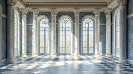 Obraz premium The hallway has an elegant interior with columns and a floor that is checkered