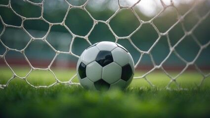 Fototapeta premium Soccer ball situated on the grass field at the back of the goal net