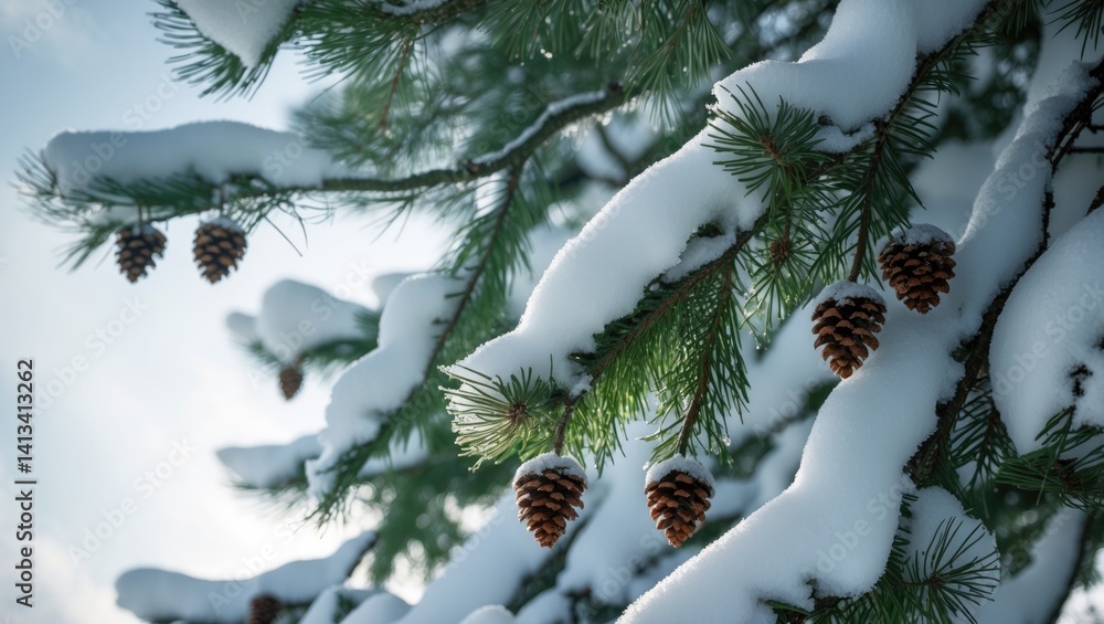 Poster pine tree branches blanketed in snow with pine cones under a clear sky in a tranquil setting