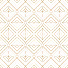 Golden line stars and diamond grid on white background. Linear diamond seamless pattern. Luxury Christmas background.