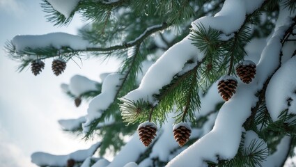 Pine tree branches blanketed in snow with pine cones under a clear sky in a tranquil setting