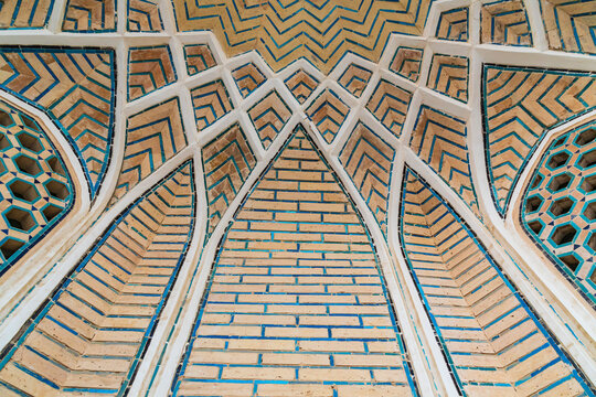 Bukhara, Uzbekistan, Central Asia. Decorative arched ceiling at the Kalan Mosque in Bukhara.