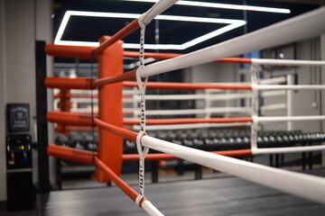 Empty boxing ring, view sport club, nobody. The concept of boxing, wrestling, kickboxing, mma.