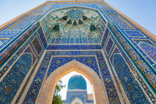 Samarkand, Uzbekistan, Central Asia. The beautifully decorated Gur-i Amir Mausoleum.