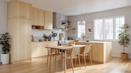 Scandinavian-inspired kitchen featuring light wood cabinetry, clean lines, and soft pastel decor with natural light.