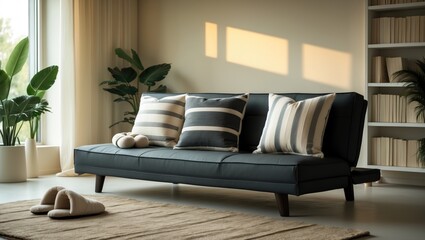 Generous living space equipped with a gray sofa and modern furnishings.