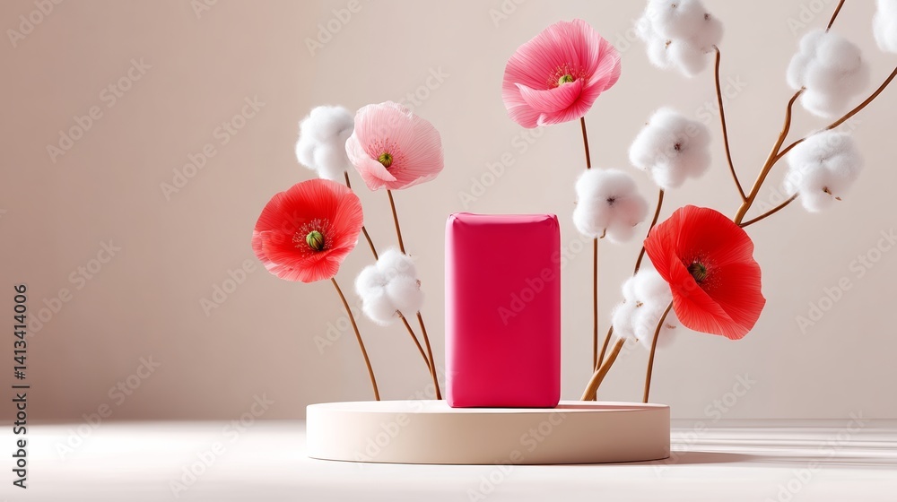 Poster pink box with a red flower on top of it is placed on a white surface. the box is square in shape and