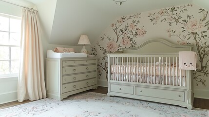 A charming nursery with a floral wallpaper and light gray furniture