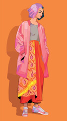 Stylish female with pink hair in colorful outfit against orange background flat vector illustration