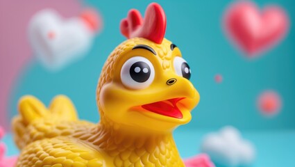 Shouting chicken or squeaky toy on a pastel backdrop with empty space.