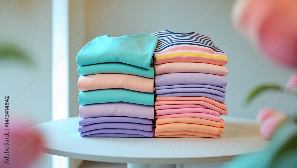 Poster folded garments in a colorful stack on a white table with empty space.