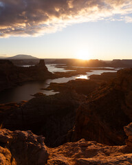 sunset over canyon with lakes