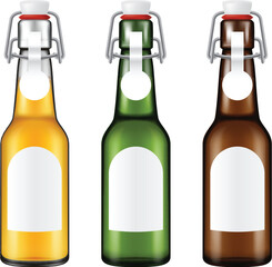 Set of three realistic looking beer bottles with swing stopper isolated on white background. Photo- realistic vector illustration.