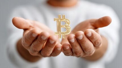 Man is holding a gold coin with the letter B on it. Concept of wealth and prosperity, as the man is holding a valuable item in his hands