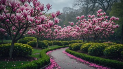 Blooming Magnolia liliiflora shrubs in the park on a gray day