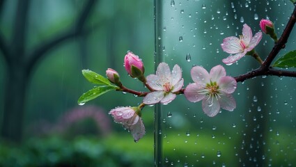 Raindrops on young leaves and fresh bud branches during spring rain in the forest
