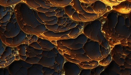 Textured dark and golden liquid surface with glossy cells and bubbles forming an abstract background, modern concept of graphic design or visual art