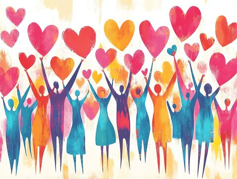 A dynamic charitythemed illustration featuring abstract figures sharing hearts and smiles, emphasizing compassion and community care, with bold, vivid colors