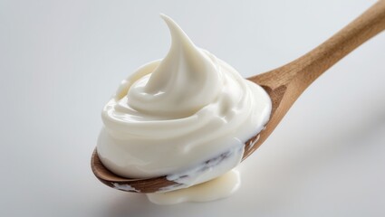 Sour cream, mayonnaise, and yogurt in a wooden spoon against a white backdrop