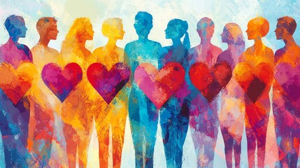 An artistic charity concept showing a group of diverse people connecting hearts with vibrant lines, symbolizing compassion and mutual support, with warm tones and intricate details