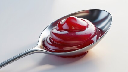 Red berry jam spoon on white background, sweet cherry spread