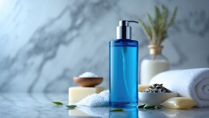 Spa arrangement. Container of beauty product, ocean salt, cloth, cleanser and herbal sachets on surface
