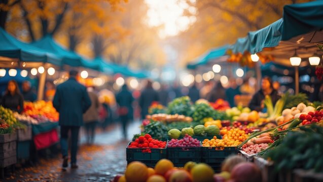 Fresh Produce and Colorful Stalls in a Blurred Outdoor Market Background with Foliage and Happy Visitors Embracing the Seasonal Vibe
