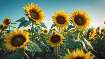 Obraz premium A vibrant field of blooming sunflowers displaying their bright yellow petals alongside lush green leaves.