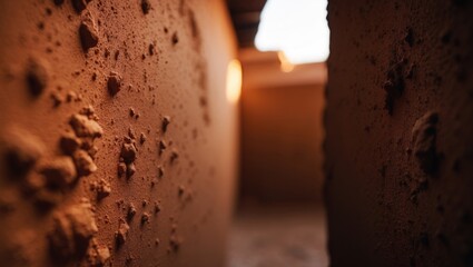 Texture of soil walls in an old house with a dark hue. Mud dwelling. Blurry image.