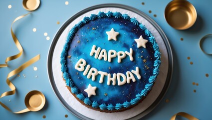 Birthday cake seen from above on a vibrant backdrop