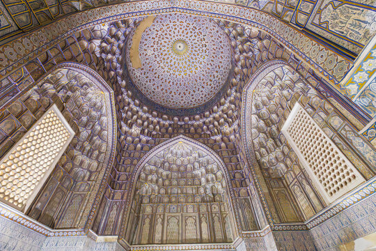 Samarkand, Uzbekistan, Central Asia interior dome of a mausoleum at the Shah-i-Zinda.