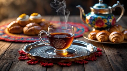 Fototapeta premium Close-up of Turkish tea served in a traditional glass on a tray