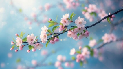 Obraz premium Stunning abstract background of spring flowers in nature. Macro branches in bloom with a soft focus against a gentle light blue sky backdrop. Ideal for greeting cards with space for text.