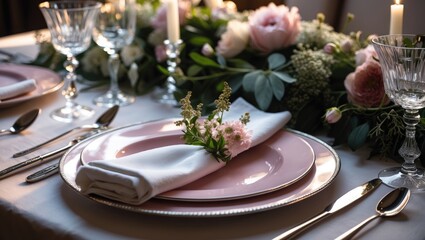 Fototapeta premium A tastefully decorated table displays high-quality tableware, glassware, and a rich floral centerpiece, creating the perfect setting for a romantic dining occasion and a warm atmosphere.