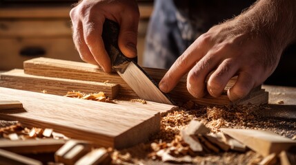 Carpenter cutting wood for a custom cabinet project. Featuring woodworking and precise cutting