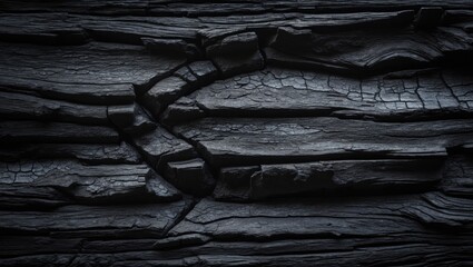 Texture of black charcoal surface. Detailed view of charcoal bark. Charcoal skin. Suitable for backdrop, template, banner, graphic, art.