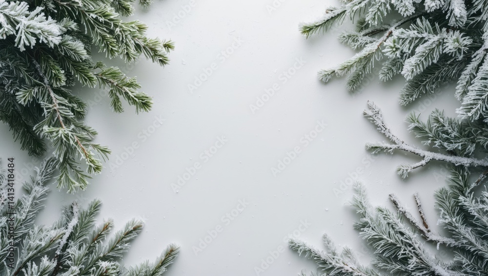 Aufkleber branches of a tree adorned with hoarfrost and snow on a white backdrop with room for text