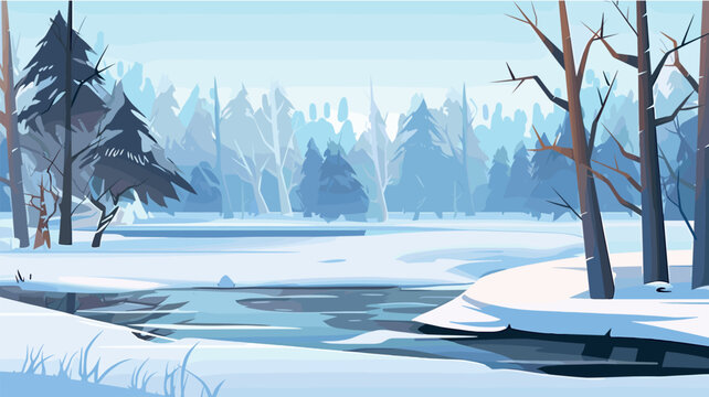 Tranquil winter forest with snowy trees and frozen stream flat vector illustration