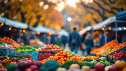 Colorful Stalls and Fresh Produce at a Vibrant Outdoor Market with a Blurred Background of Foliage and Content Visitors Enjoying the Seasonal Ambiance