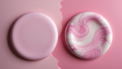 Two pink ceramic tops against a pink background depicting the female breast. The right lid is soiled. Flat lay. Space for copy.