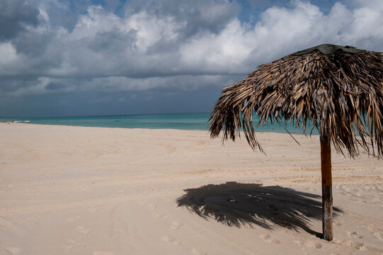 Varadero Beach, Cuba. The empty tropical beach clad with thatched umbrellas for tourists.