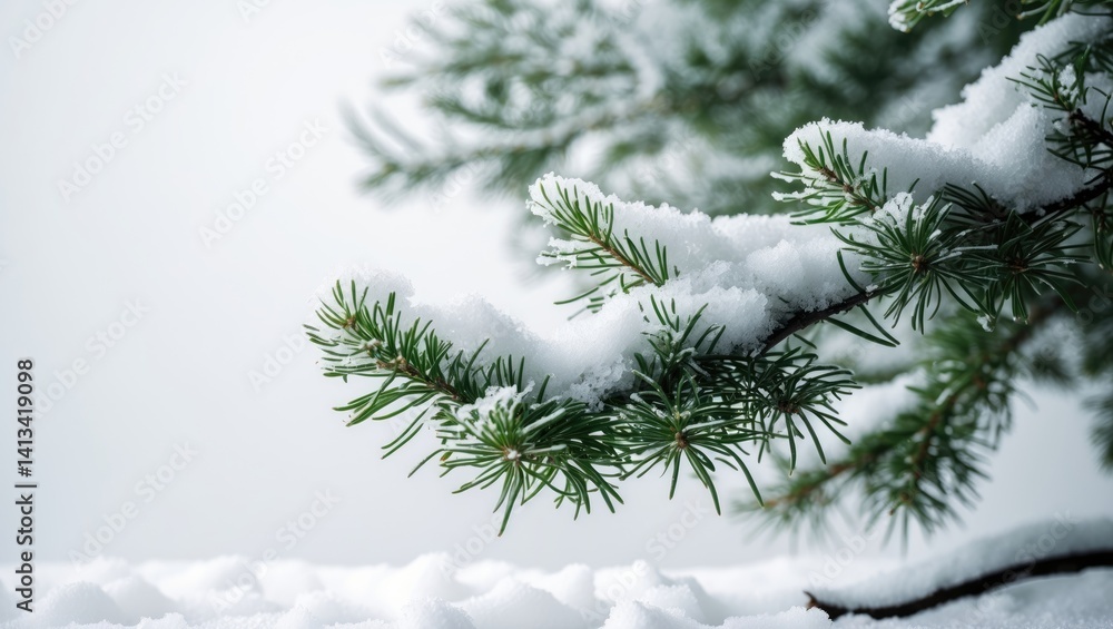 Poster tree branches adorned with hoarfrost and snow against a white backdrop with room for text
