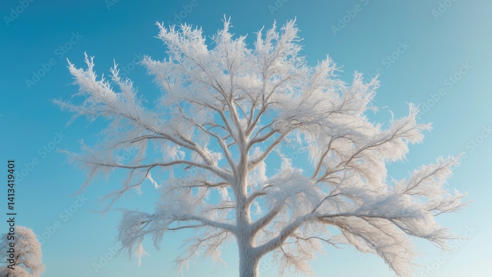 Poster frost-covered tree branches set against a backdrop of sky.