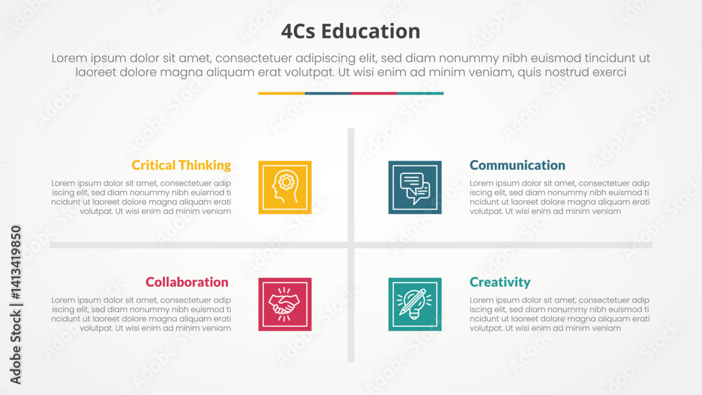 Poster 4cs education infographic concept for slide presentation with square base and cross line center with
