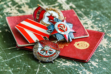 Orders and medals of the USSR.Awards of the Second world war close-up.Victory Day - 9 of may 1945....