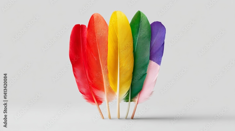 Poster group of colorful feathers are arranged in a circle. the feathers are of different colors, including