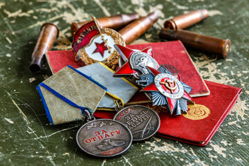 Orders and medals of the USSR.Awards of the Second world war close-up.Victory Day - 9 of may 1945....